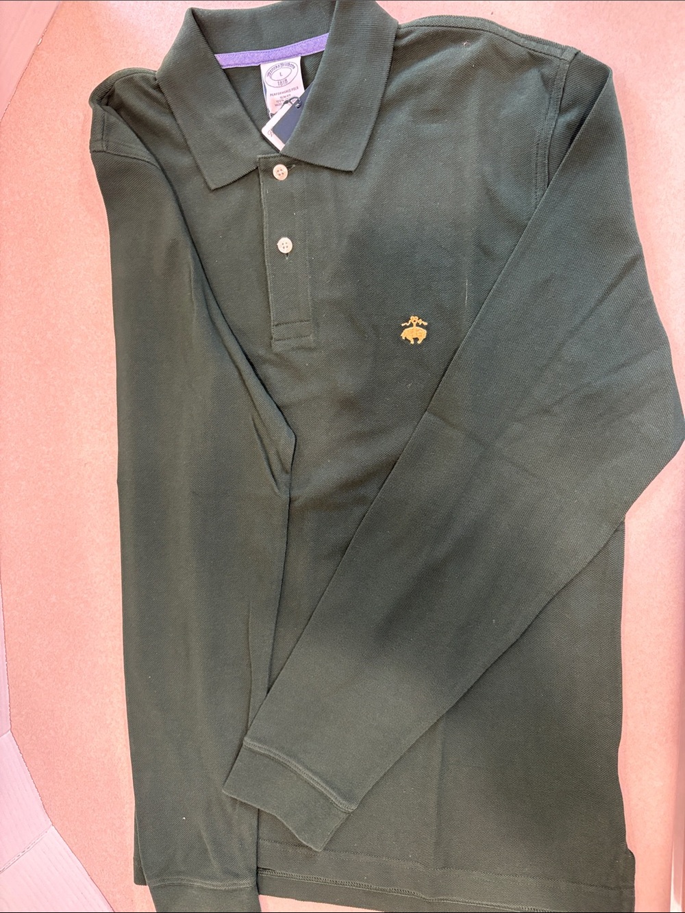 Brooks Brothers Men's Long-Sleeve Polo Shirt in Dark Green with Gold Logo